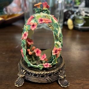 Vintage Intricate Detailed Diorama Resin Egg With Pink Flowers And Green Leaves
